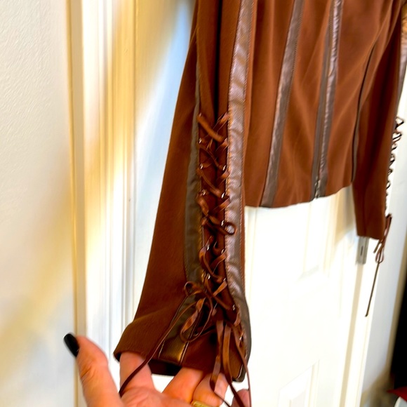 Caché Vintage Brown Zip-Up Jacket w/ Faux Leather Trim & Side-Lace Sleeves - Picture 5 of 11